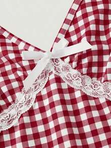 Camiseta ajustada de mujer con estampado floral, encaje de contraste y lazo decorativo, estilo casual de campo y vacaciones de verano - Burdeos - Ver 3