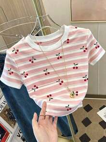 Camiseta de manga corta ajustada con estampado digital de frutas de moda y versátil para mujer, camiseta estampada con flores de cerezo, camiseta de cereza, camiseta de frutas - Rosa - Ver 6