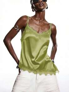 2026 Nueva Blusa Minimalista de Primavera Verde Oliva de Encaje y Satén Brillante, Elegante Camisola con Ribete de Encaje Adecuada para Primavera/Verano; Elegante Camisa Adecuada para Fiesta, Primavera, Navidad, Año Nuevo; Elegante Camisola de Satén - Verde - Ver 6