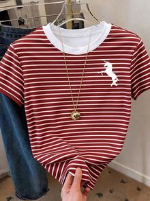 Camiseta de mujer de manga corta con cuello redondo y estampado de rayas, adecuada para vacaciones de verano y uso diario - Multicolor 8 - Ver 3