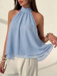 Blusa elegante y brillante de color rosa con espalda descubierta para mujer - Celeste - Ver 4
