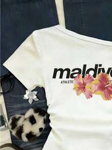 Camiseta casual de mujer con hombro asimétrico y mangas cortas a rayas - Multicolor 2 - Ver 5