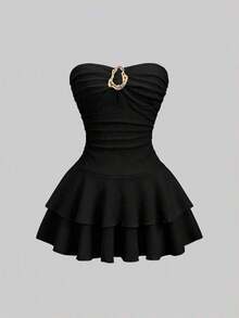 Vestido mini elegante sin tirantes con volantes en capas para mujer - Negro - Ver 1