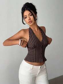 delgado de mujer de algodón con rayas, cuello alto y abotonadura sencilla, para otoño/invierno - Marrón 2 - Ver 1