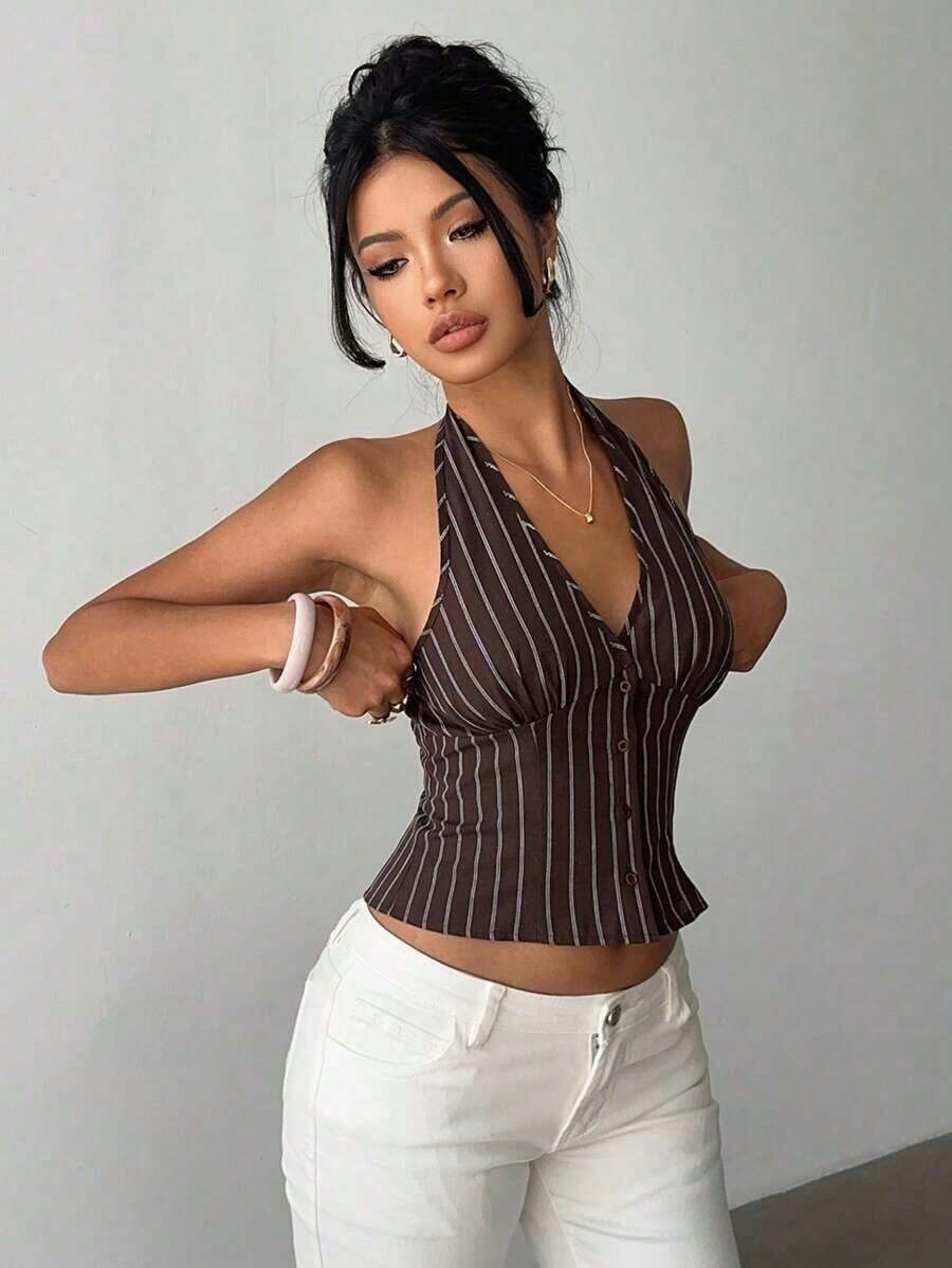 delgado de mujer de algodón con rayas, cuello alto y abotonadura sencilla, para otoño/invierno - Marrón 2 - Ver 1