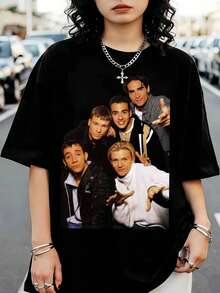Oversized Black T-Shirt With A Photo Print Of The Group B-BackstreetSS Boys, Retro 90s Style - Black - View 6