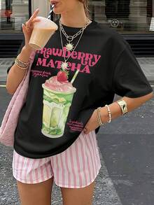 Camiseta de Matcha y Fresa, linda camiseta para amantes del matcha con estampado, camiseta de té de fresa, para amantes del café, camiseta casual de manga corta con cuello redondo, adecuada para vacaciones, fiestas y uso diario - Camiseta unisex de algodón holgada de estilo vintage urbano con cuello redondo y manga corta, blusas para mujer. blusas.blusas casuales para dama. - Negro - Ver 6