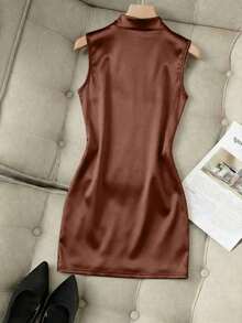 Nuevo vestido de mujer de moda con cuello alto brillante, sin mangas, cintura fruncida y asimétrico de ajuste ceñido - Marrón - Ver 2
