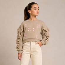 Cropped Moletinho Infantil Feminino Manga Longa Babado Blusa Frio Meia Estação Inverno Estilosa - Nude - Visão 10