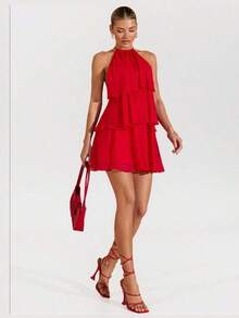 Vestido corto de gasa rojo sólido con hojas de loto en cascada, apropiado para citas diarias, salidas nocturnas, discotecas, fiestas, reuniones, fiestas de cócteles, fiestas de piscina, ropa de vuelta al colegio, vestidos de temporada escolar, v - Rojo - Ver 8