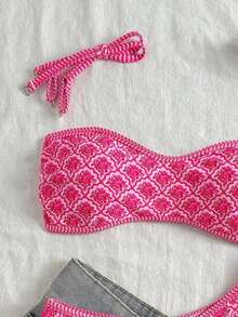 Set de 2 piezas Bikini bandeau con estampado floral rosa para mujer, con tirantes desmontables adecuado para vacaciones en la isla y sesiones de fotos en la playa en verano - Multicolor - Ver 4
