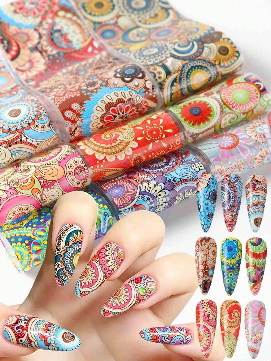 10pcs Bohemian Style Colorful Mandala & Floral Geometric Pattern Nail Transfer Foil Stickers, Suitable For Acrylic Nails, Summer Bohemian DIY Nail Art Decoration, Non-Sticky