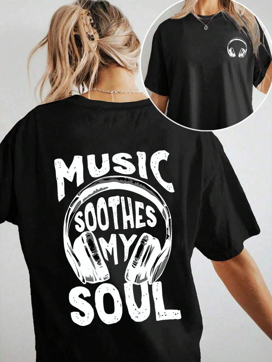 Women's Oversized Music-Themed T-Shirt With The Slogan "Music Calms My Soul" And A Headphone/Musical Note Print - Casual Short-Sleeve Crew Neck T-Shirt In Black And White For Music Lovers, For Concerts, DJ Events, Casual Wear, Y2k Style. - 黑色 - 查看 1