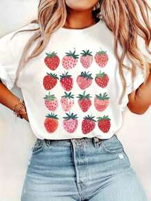 Camiseta de Mujer con Estampado de Fresas - Corte Holgado, Cuello Redondo, Manga Corta, con Patrón de Fresas Rojas y Blancas, Tejido Ligero y Transpirable para Verano, Uso Casual Diario y para Fiestas, Camiseta Lavable a Máquina Estilo Fin de Semana, Prenda Casual Cómoda para Todas las Temporadas, Ropa con Estampado de Fresas, Hermosa Blusa para Mujer, Camiseta Gráfica para Mujer, Camisa para Mujer, Blusa para Mujer, Top para Mujer, Ropa de Mujer, Ropa de Verano para Mujer, Camiseta de Mujer Transpirable y Cómoda. - Blanco - Ver 12