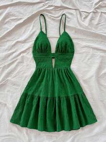 Vestido de vacaciones sin mangas con tirantes tipo espagueti, escote en V, estilo en línea A con huecos y espalda descubierta, 25 estilos - Verde - Ver 5