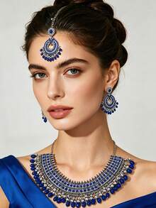 Juego de 4 piezas de joyería estilo bohemio azul, colgante, collar con incrustaciones de diamantes de imitación, cadena para la cabeza, aretes, accesorios de joyería para boda, fiesta y festival - Juego de cuatro piezas - Ver 1