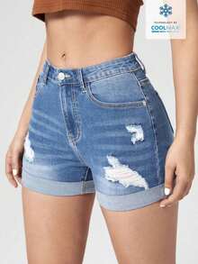 Shorts en mezclilla desgarro bajo de doblez - Azul 2 - Ver 8