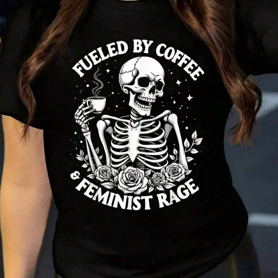 Women's Casual Short Sleeve Crew Neck T-Shirt, Spring Summer Autumn, Polyester Fabric, New Design With Rose Portrait Print, Breathable And Comfortable - 黑色 9 - 查看 1