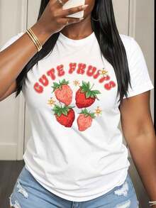 Women's Casual T-Shirt With Strawberry Print, Vintage Urban Style, Unisex, Cotton, Short Sleeve, Round Neck, For Daily Use - Women's Blouses, Women's T-Shirts, Casual Blouses For Ladies. - 白色 - 查看 7