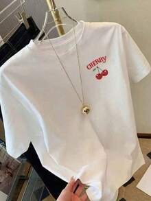 Mujer 002 |1 pieza Camiseta Branca Cherry Estilosa Cereza Macia y Cuello Redondo Ligero Manga Corta   Premium 180g   Suave - Blanco - Ver 1