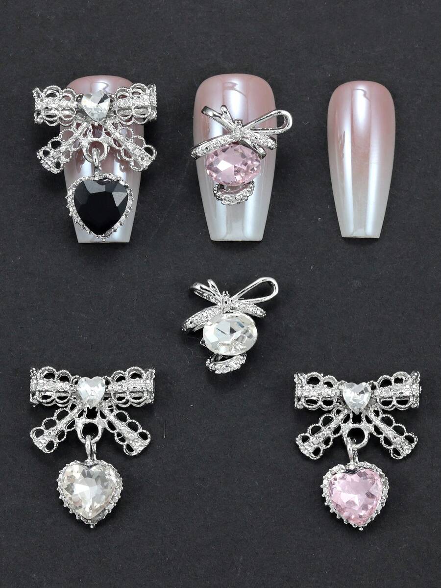 10 piezas Accesorio de arte de uñas, Lazos rosas ovalados exquisitos y dulces, Gemas de uñas con forma de corazón brillante, Decoraciones de uñas DIY que se utilizan en salones de uñas, uñas, ropa, bolsos, zapatos, fundas de teléfono, y también son adecuadas para la vida diaria y las fiestas festivas - Multicolor - Ver 1