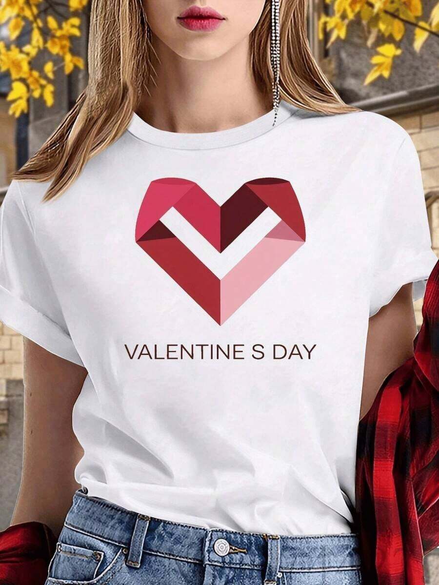 Women's Casual Short Sleeve T-Shirt, 100% Cotton, With Vintage Geometric Heart Print Symbolizing Love And Unity, With Valentine's Day Text. - 白色 - 查看 1