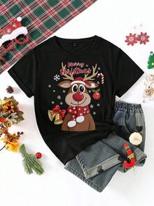 Camiseta básica de manga corta para mujer coreana, versátil, casual, creativa, personalizada, fresca y de alta gama, con estampado de leopardo, patrón de cuadros, cinta, lazo, número 67 y estampado de letrero, adecuada para todas las estaciones, cómoda y versátil. Camiseta con estampado gráfico. - Negro - Ver 4