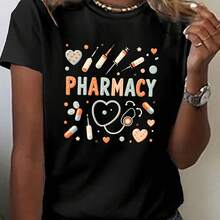 Women's clothes Graphic T-Shirt "PHARMACY" - Casual Shclothest Sleeve Round Neck Heart clothes Tee, Perfect fclothes Spring and Summer, Everyday Wear, Playful Print, Comfclothest Fit, Pharmacy T-Shirt - Negro - Ver 1