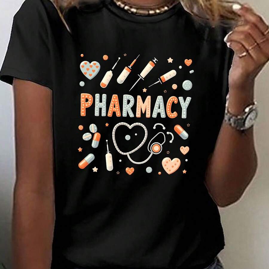 Women's clothes Graphic T-Shirt "PHARMACY" - Casual Shclothest Sleeve Round Neck Heart clothes Tee, Perfect fclothes Spring and Summer, Everyday Wear, Playful Print, Comfclothest Fit, Pharmacy T-Shirt - Negro - Ver 1