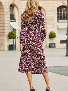 Vestido largo de manga larga para mujer, de otoño-invierno, estampado, diseño de botones con nudo/twist, corte ajustado y favorecedor, estilo casual y elegante, perfecto para el día y la noche - Burdeos - Ver 7