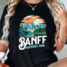 Banff National Park Graphic T-Shirt Fclothes Women - Relaxed Fit Round Neck With Mountain Landscape Clothes, Soft Daily Travel Shirt Fclothes Canadian Rockies Souvenirs, Vacation Style, Breathable Fabric, Nature Lover's Keepsake Apparel - 黑色 - 查看 1