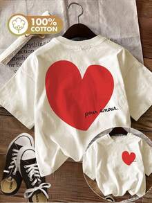 [Impresión a Doble Cara] Camiseta de Mujer para Primavera/Verano, Casual y a la Moda, con Estampado de Corazón Rojo Pintado a Mano, Cuello Redondo, Manga Corta, 100% Algodón - Albaricoque - Ver 8