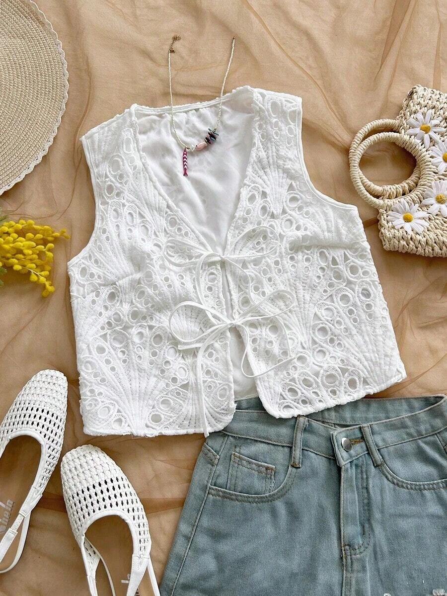 Blusa de tirantes con estampado tropical, cuello en V y mangas acampanadas con nudo, para vacaciones de verano para mujeres - Blanco 2 - Ver 1