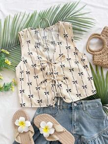 Blusa de tirantes con estampado tropical, cuello en V y mangas acampanadas con nudo, para vacaciones de verano para mujeres - Multicolor 2 - Ver 7