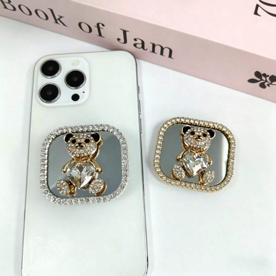 1个轻盈奢华闪亮水钻推拉式手机支架，泰迪熊造型，闪亮镜面，可折叠可伸缩，母亲节生日礼物