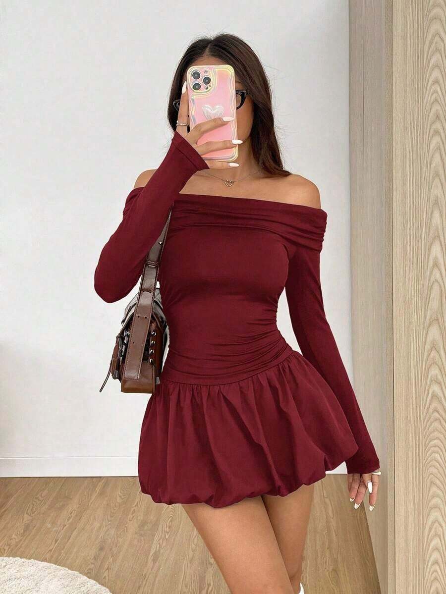 Vestido mini de manga larga de un hombro con volantes en el bajo para mujer, para primavera y otoño - Burdeos - Ver 1