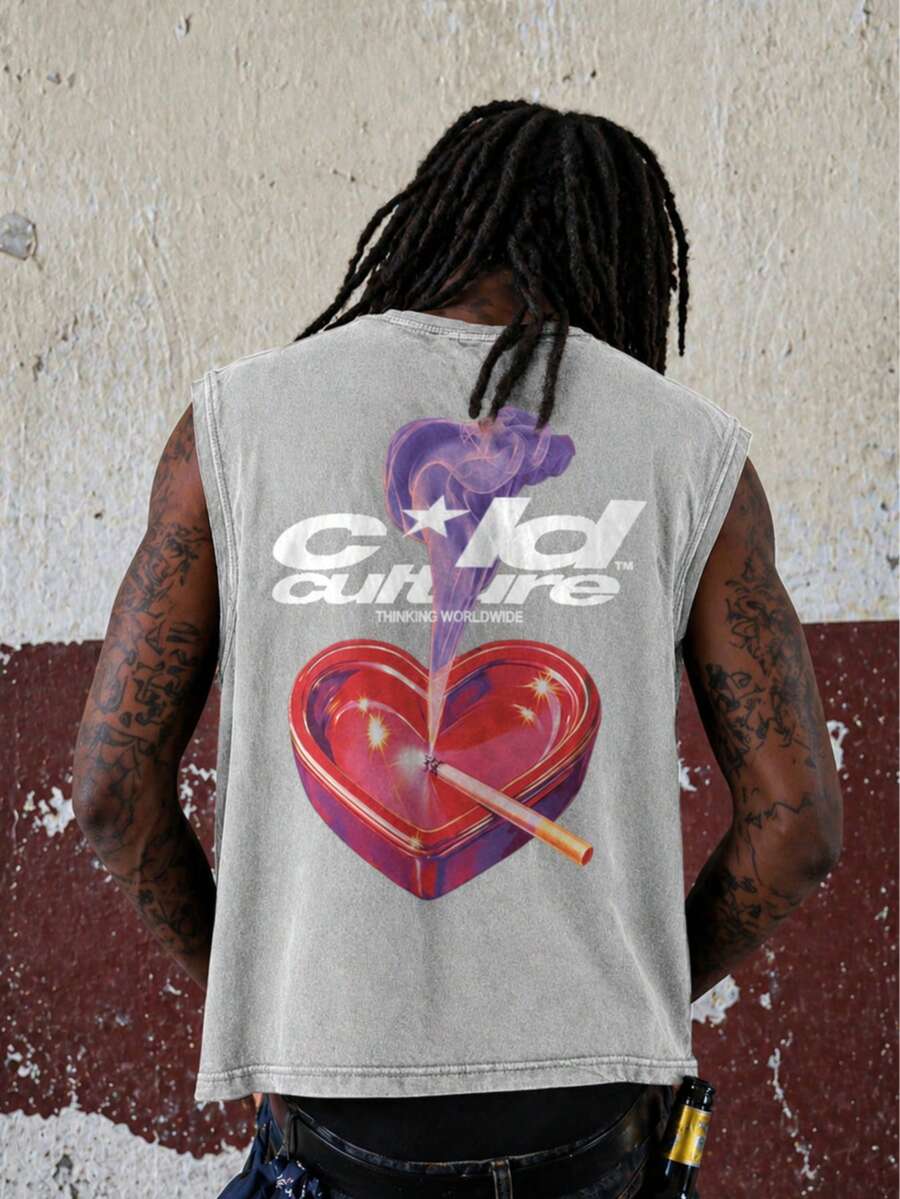 OVDY Unisex Vintage Street Heart Print Loose Fit Tank Top, Music Festival Sleeveless Shirt - Grey - View 1