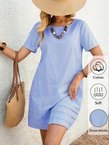 Vestido casual recto de unicolor, cuello redondo, manga corta para mujer, de verano - Azul marino - Ver 5