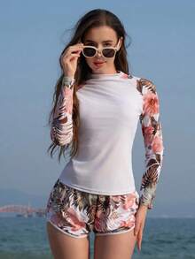 Swim SPRTY Rashguard de manga raglán con estampado tropical para playa de verano - Multicolor 3 - Ver 6