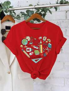 Soft 100% Cotton T-Shirt. Women's Summer T-Shirt With Modern Prints, Casual T-Shirt, 180 Grams. Breathable Cotton Tee, All-Around Cool. - 紅色 - 查看 6