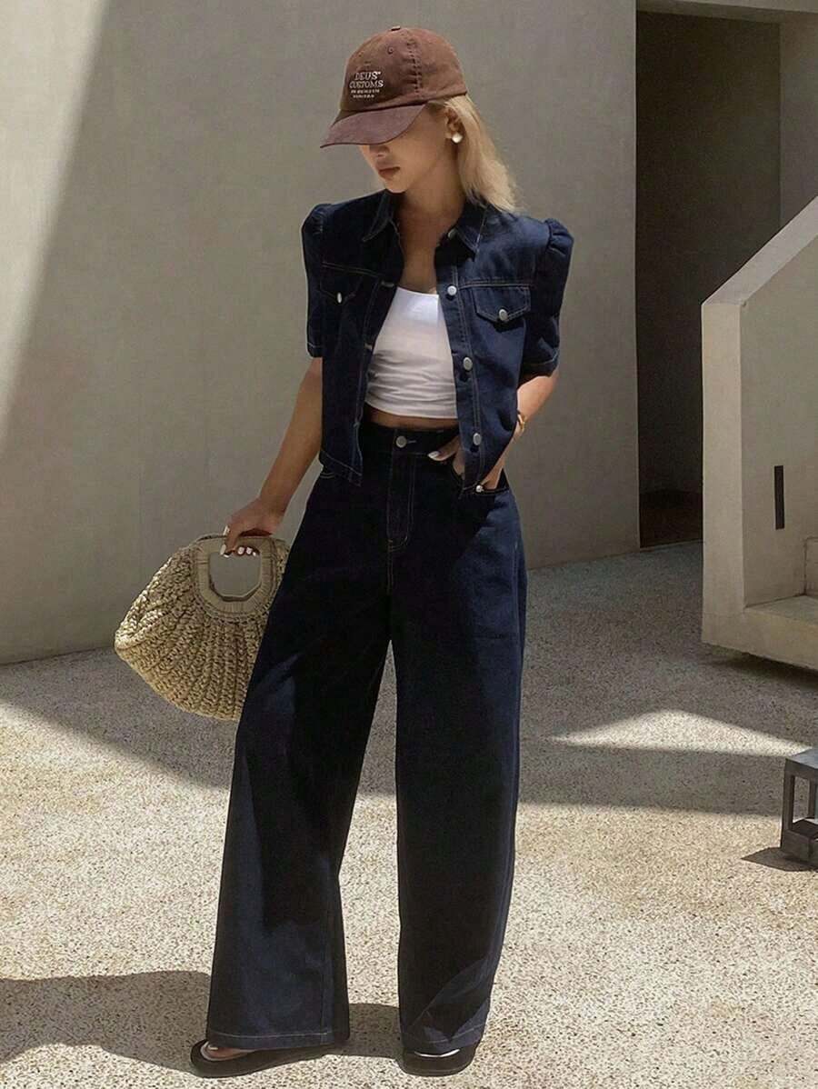 Conjunto de mezclilla holgado y casual para mujer, nuevo para el verano - Azul - Ver 1