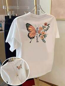 1 pieza de camiseta para mujer con estampado de mariposa "Believe In Yourself" - Camiseta de manga corta y cuello redondo con diseño motivacional en la parte delantera y trasera, tela de elasticidad media adecuada para uso casual en primavera, verano y otoño, lavable a máquina, blusa diaria, tela transpirable, estilo vintage-casual unisex, camiseta de algodón holgada de manga corta y cuello redondo, blusas para mujer. blusas.blusas casuales para dama. - Blanco - Ver 6
