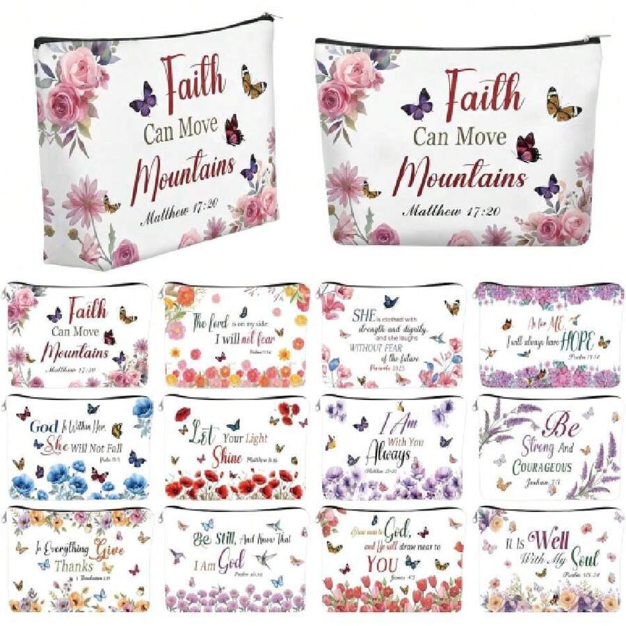 12 Pcs Christian Makeup Bags Inspirational Bible Verse Cosmetic Bags With Zippers Floral Pouch Bulk Scripture Hymn Appreciation Gifts For Women Teacher Wedding Birthday Travel Party Supplies,45480777 - Multicolor - View 1