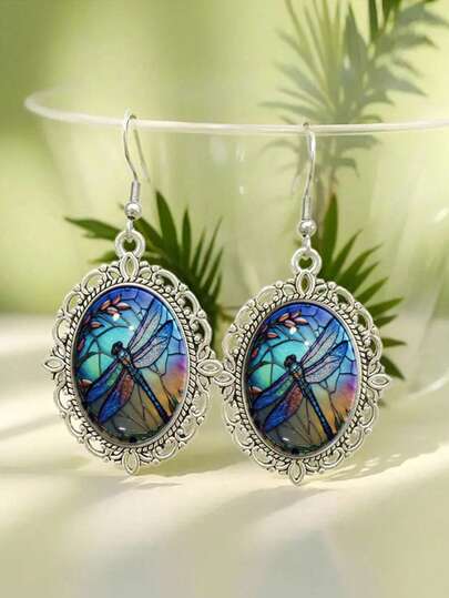 Painted Dragonfly Earrings, Vintage Hollow Silver Pendant Earrings, Bohemian Style Insect And Dragonfly Art Print Water Drop Earrings, Suitable As Gifts For Nature Lovers