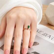 Rose Gold Emerald Teardrop Open Ring: Elegant Green Gem With Adjustable Comfort Fit The Diamonds And Other Gemstones Set In The Product Are Synthetic Simulations - Yellow Gold - View 2