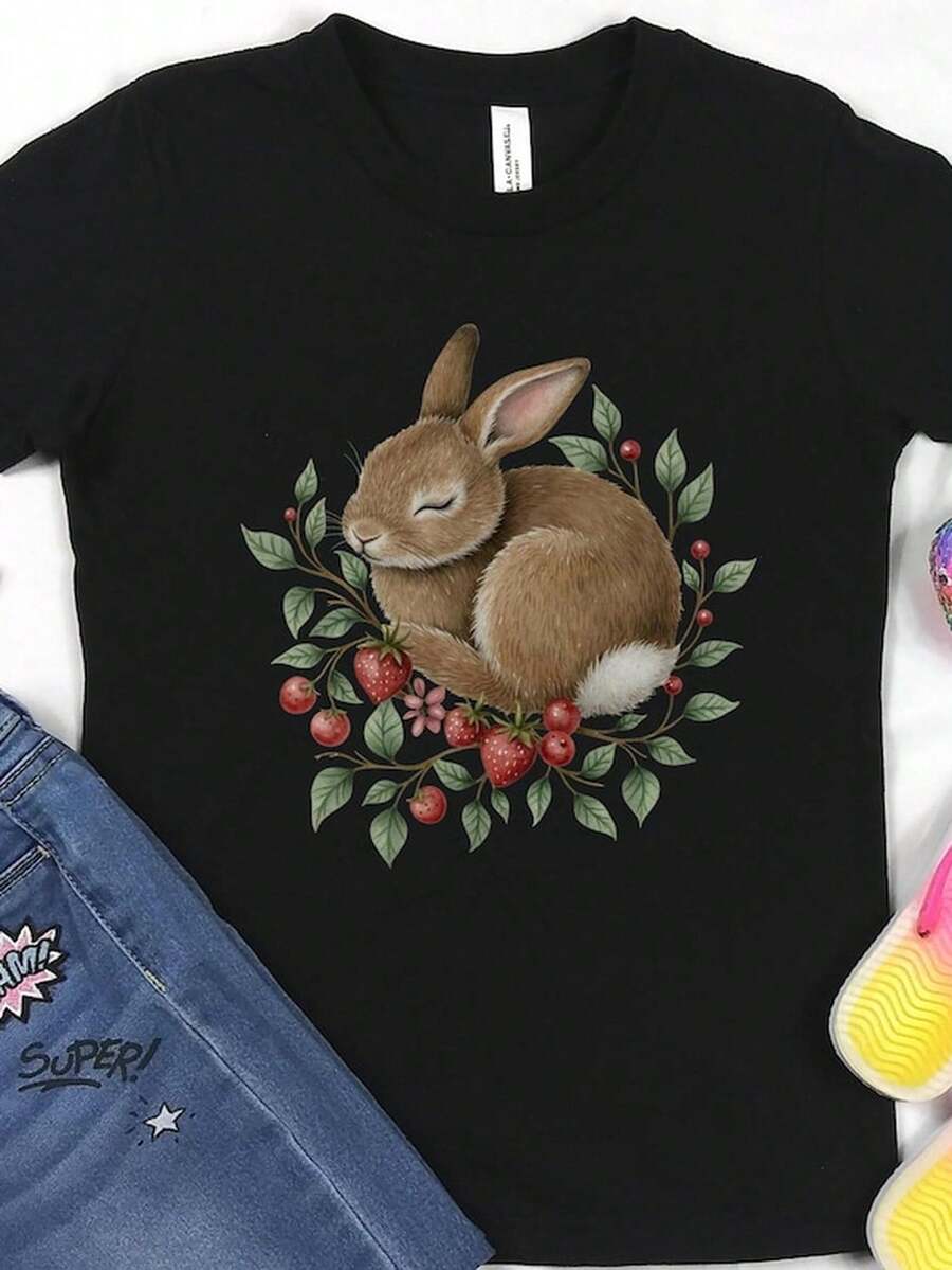 Rabbit Strawberry Youth S1Hirt Bella C1Anvas, Bunny Floral S1Hirt, CottageE1core Animal T1EE, Nature S1Hirt, Gir1ls B1O Cute Bunny Easter Gift.