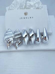 6-18pcs Silver-Tone Women's Fashion Hoop Earrings/Stud Earrings Set, Including Seashell, Teddy Bear, Teardrop, C-Shaped Hoops, Ball Studs Designs, Summer Chic Silver Tone, Great Gift For Graduation/Vacation Season For Friends, Lovers, Classmates - Silver - View 2