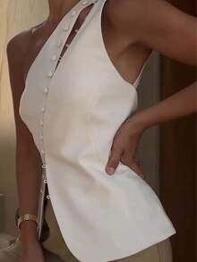 Womens One Shoulder Tank Tops Stylish Diagonal Buttons Asymmetrical Hem Solid Color Slim Fit Sleeveless Vest For Summer - White - View 4