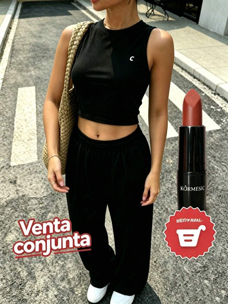 Los regalos se enviarán junto con la ropa, por orden de llegada.,Conjunto de top corto de cuello redondo y pantalón de pierna recta suelto y casual para mujer, adecuado para el verano y el uso diario, con estampado de logo de caballo- transpirable, con estiramiento en 4 direcciones, apto para yoga, pilates, entrenamientos en el gimnasio (disponible en varios colores y tallas) Negro Deportes de verano - Negro - Ver 1