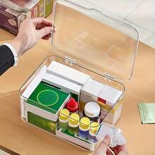 1pc Large Capacity Flip-Top Makeup Storage Box, Transparent Desktop Organizer, Flip-Cover Dust-Proof Storage Container. Mini Home Medicine Cabinet, Multi-Purpose Makeup, Face Mask, Stationery And Miscellaneous Items Storage Container, Suitable For Jewelry, Cosmetics, Medicines And Stationery | Multi-Functional Transparent Container - Clear - View 6